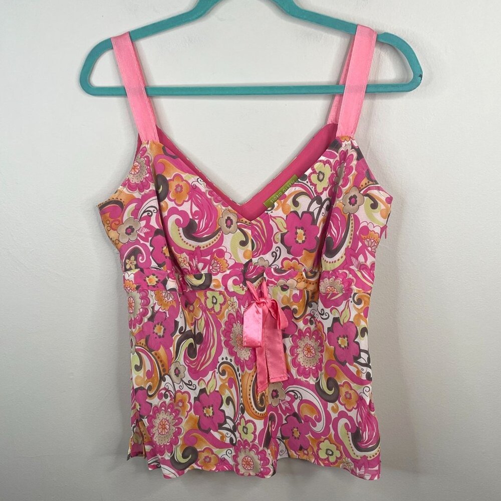 Vintage Y2K Babydoll Top Womens 12 Petite Pink Paisley Coquette Bow Detail Fairy